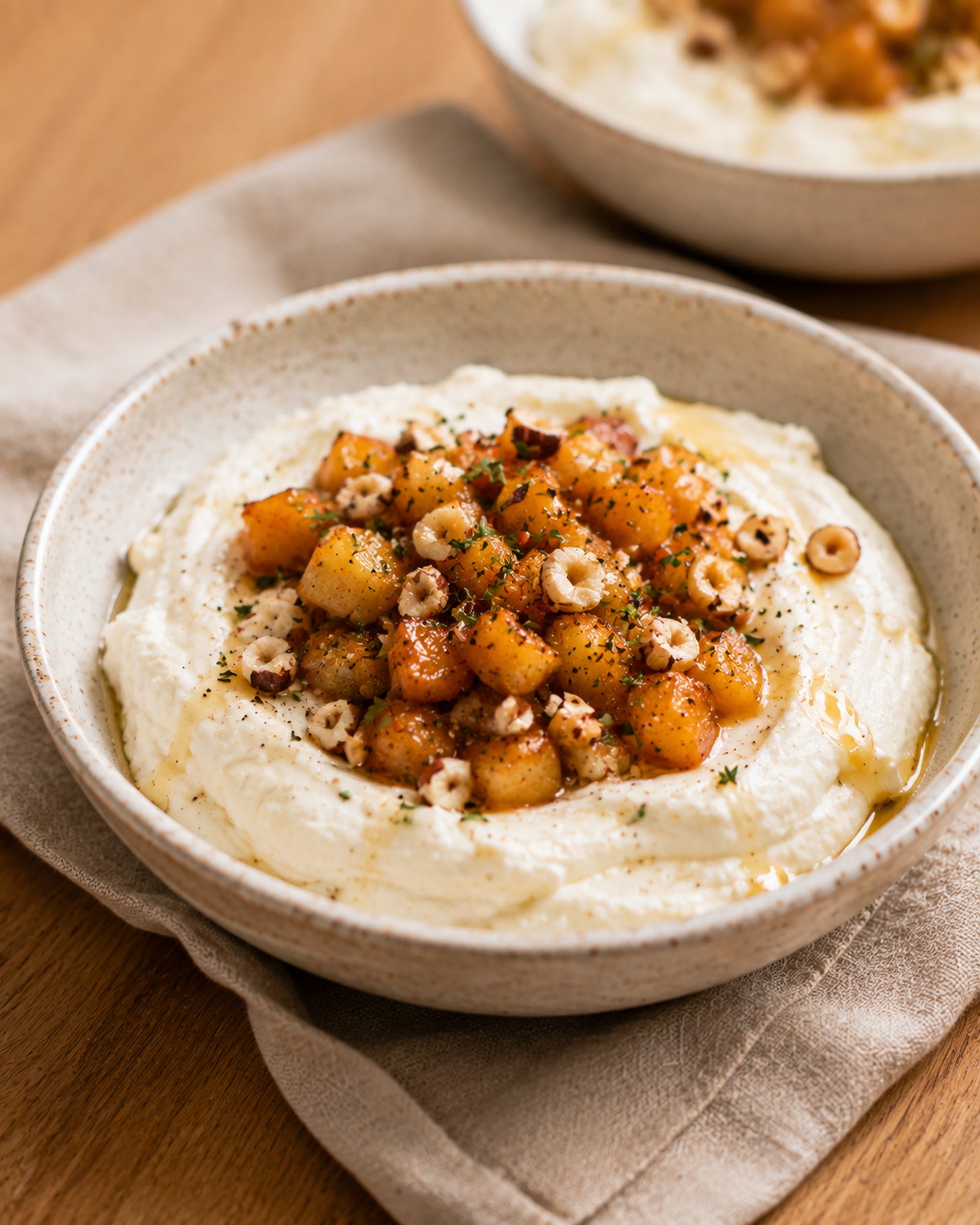 Warm Labneh Pots with Roasted Quince, Hazelnuts & Thyme Honey