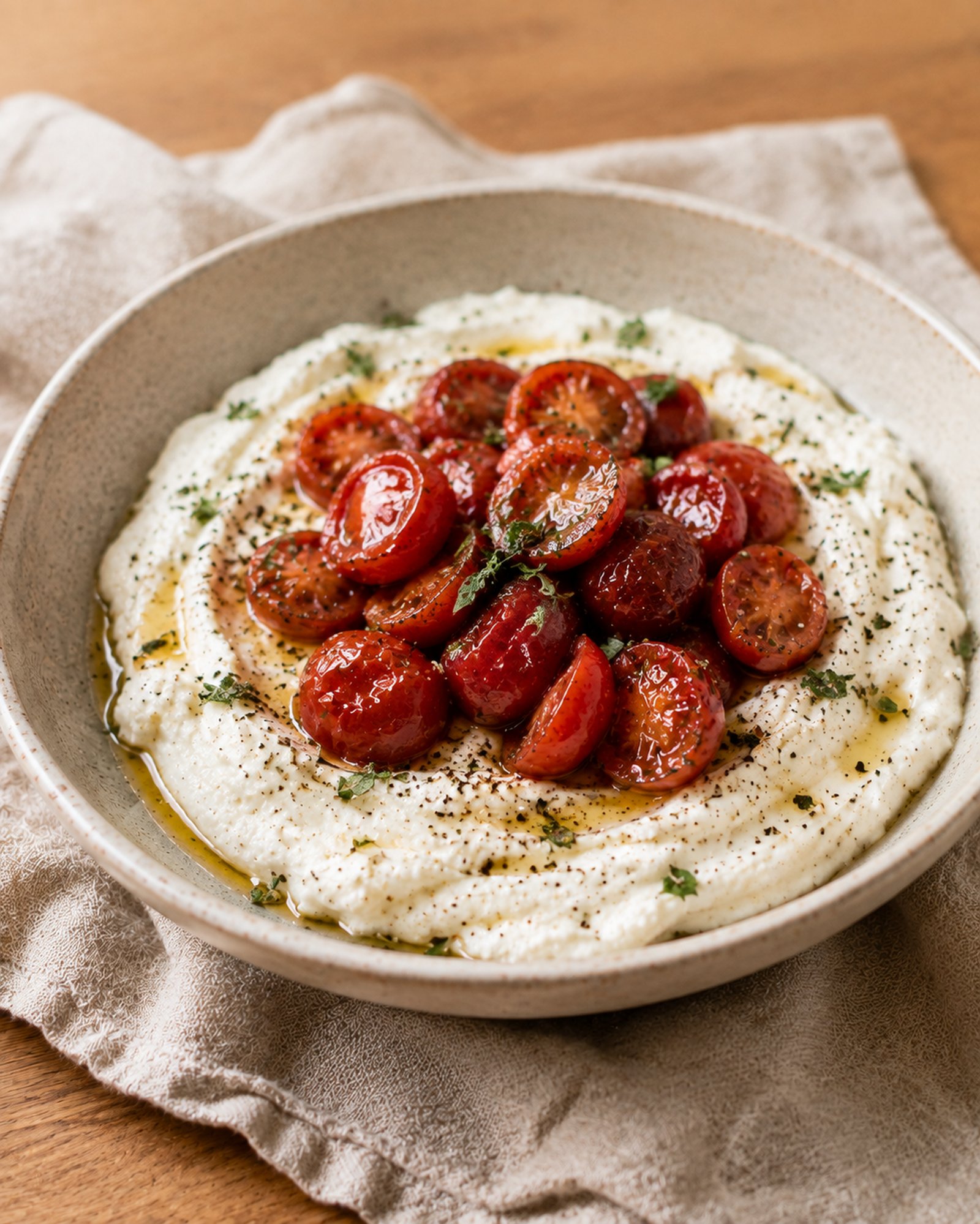 Whipped Ricotta Cups with Blistered Cherry Tomatoes & Oregano Oil