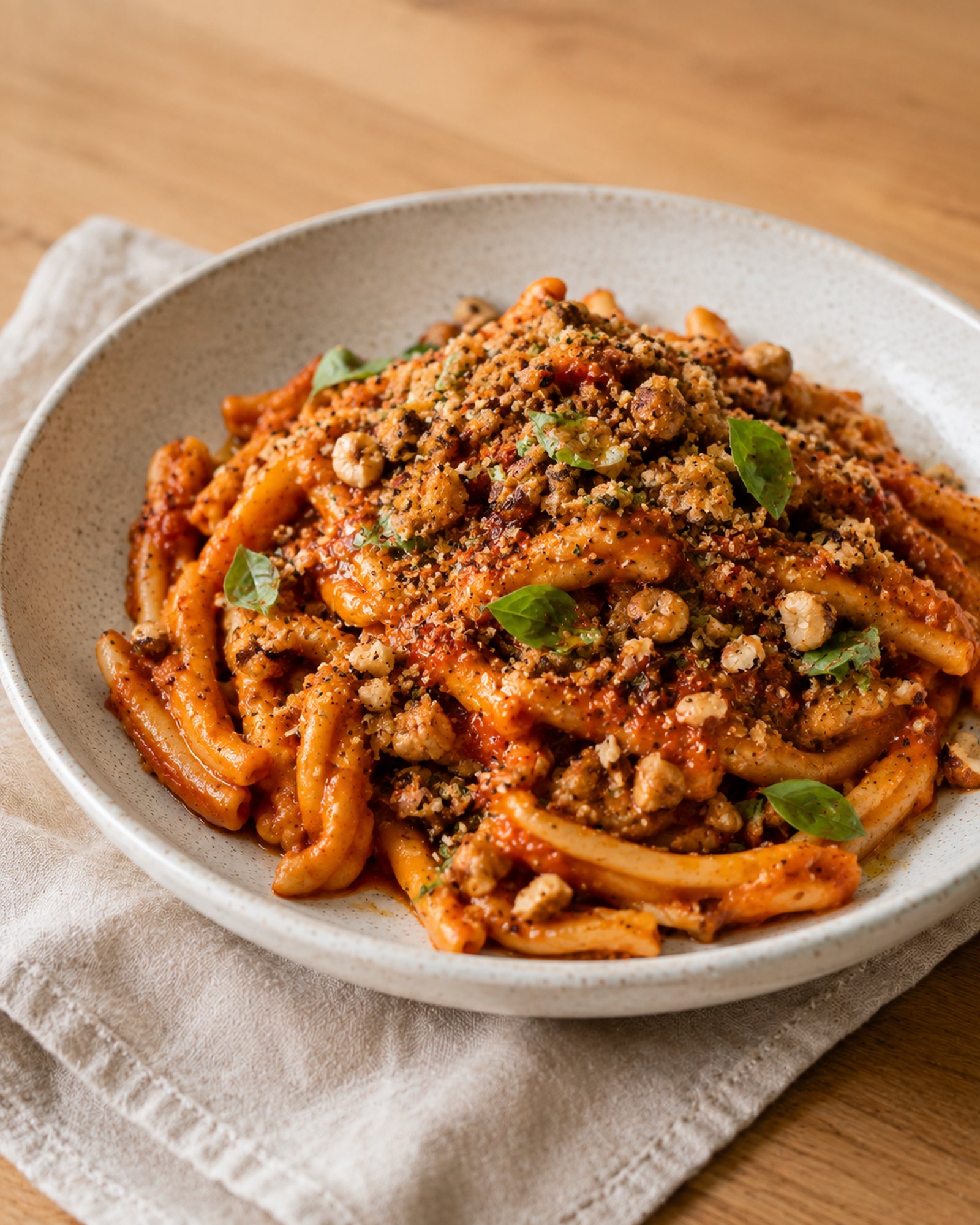Charred Pepper Pasta with Hazelnut Pangrattato & Smoked Paprika Oil