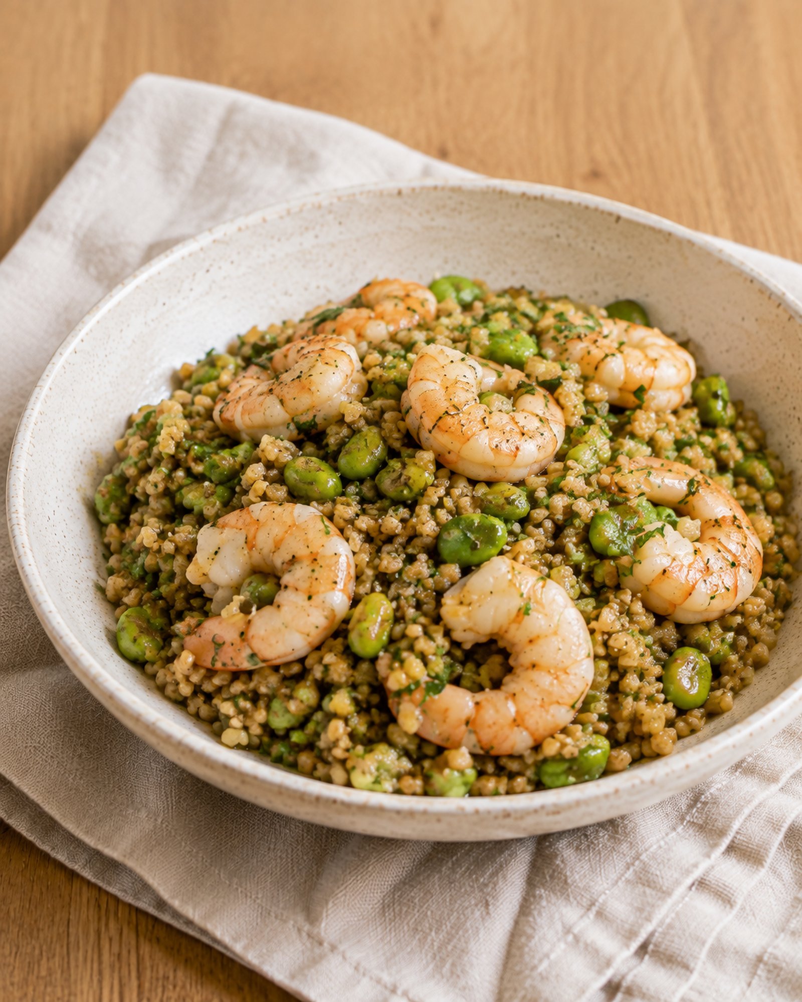 Prawn Freekeh with Preserved-Lemon Butter & Broad Beans