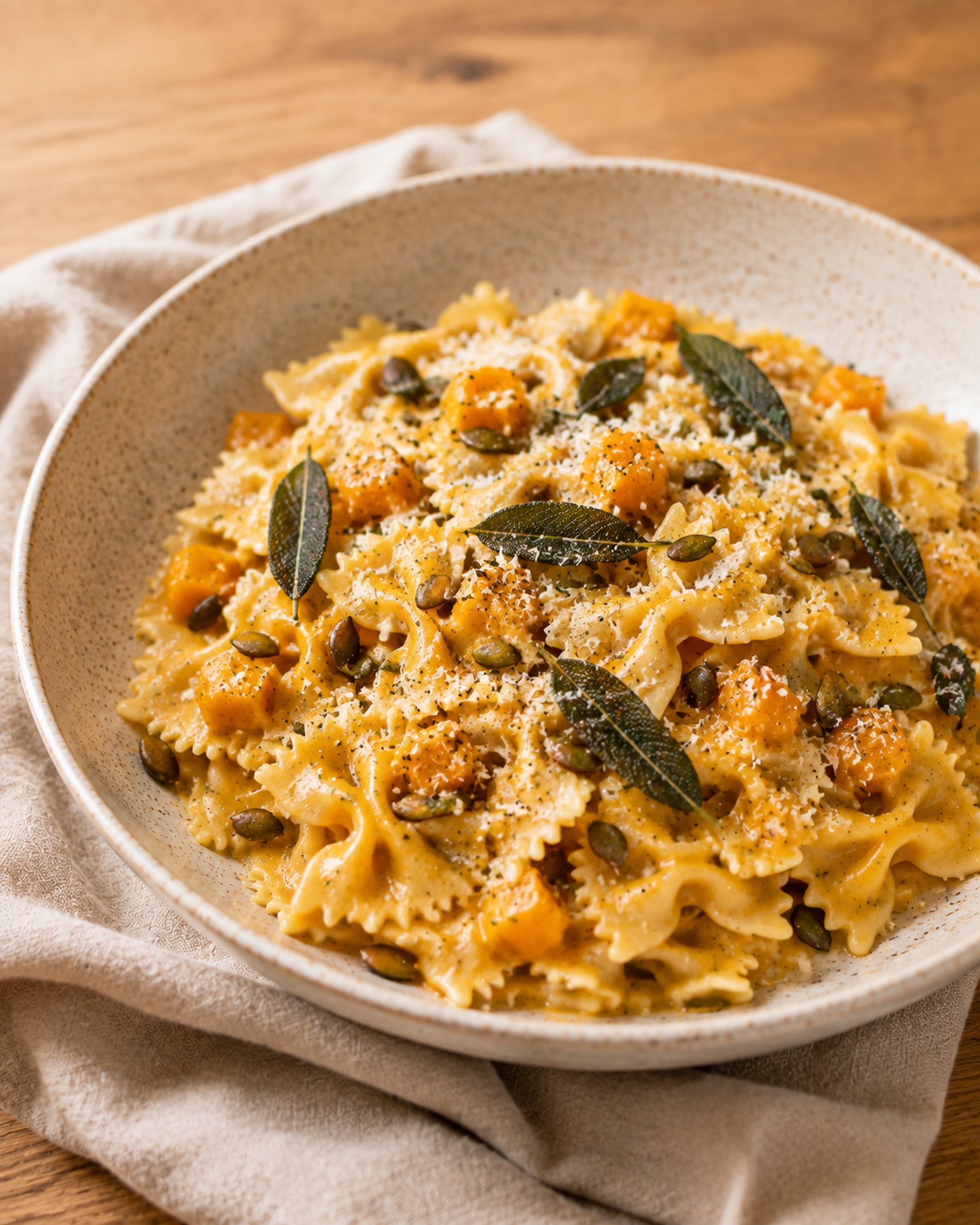 Squash Farfalle with Brown Butter, Crispy Sage & Pumpkin Seeds