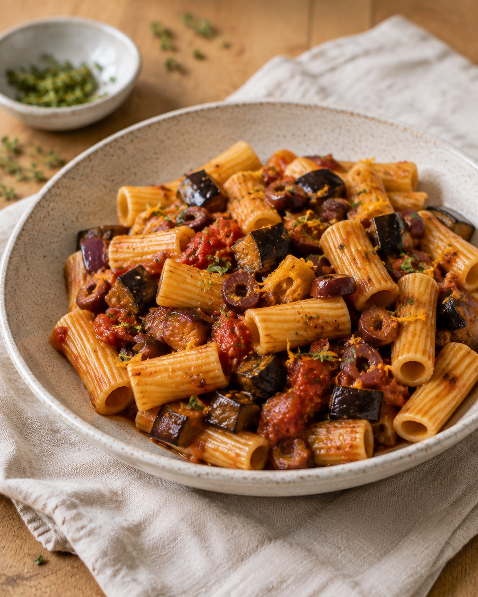 Aubergine, Olive & Orange Rigatoni