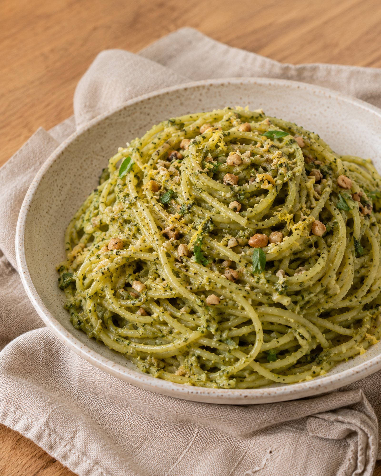 Broccoli-Stem Pesto Spaghetti with Lemon