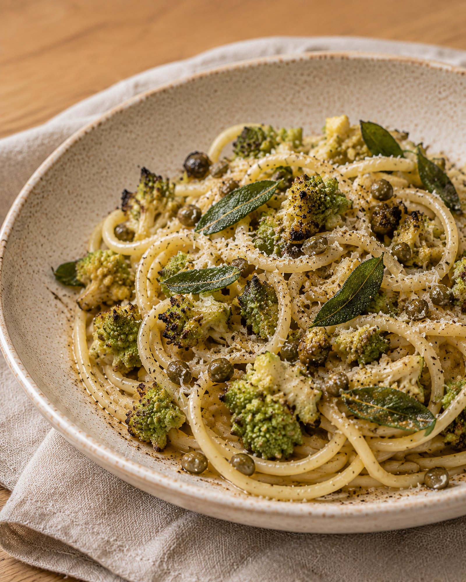 Charred Romanesco Bucatini with Brown Butter, Capers & Crispy Sage