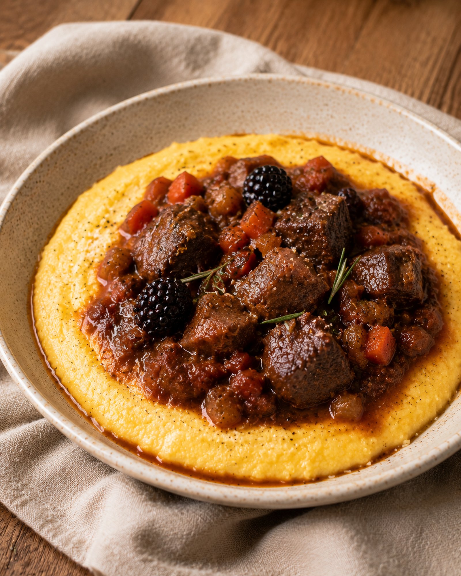 Beef, Juniper & Blackberry Ragù with Polenta
