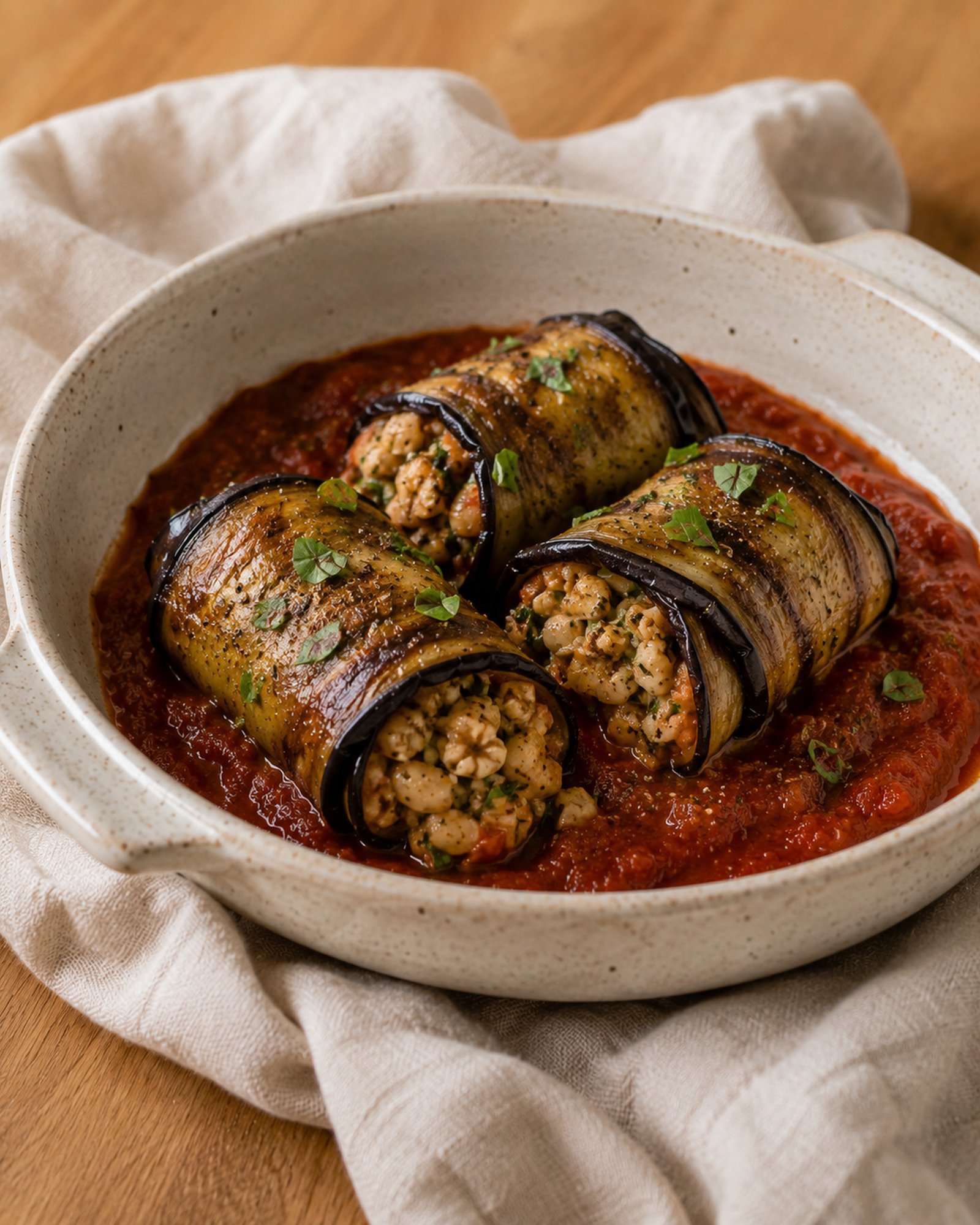 Aubergine Rolls with Walnut, Tomato & Herb Filling