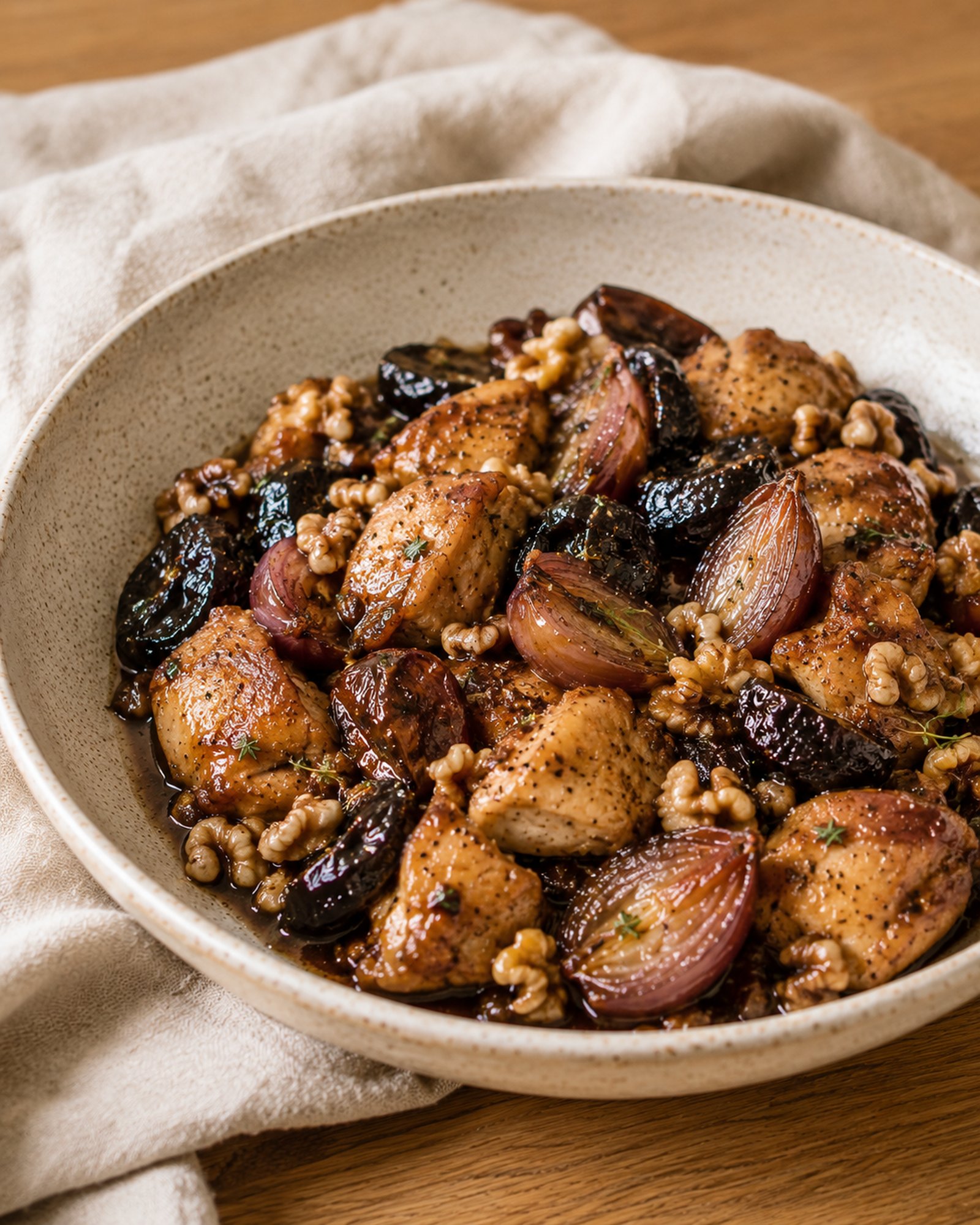 Chicken with Prunes, Walnuts & Balsamic Shallots