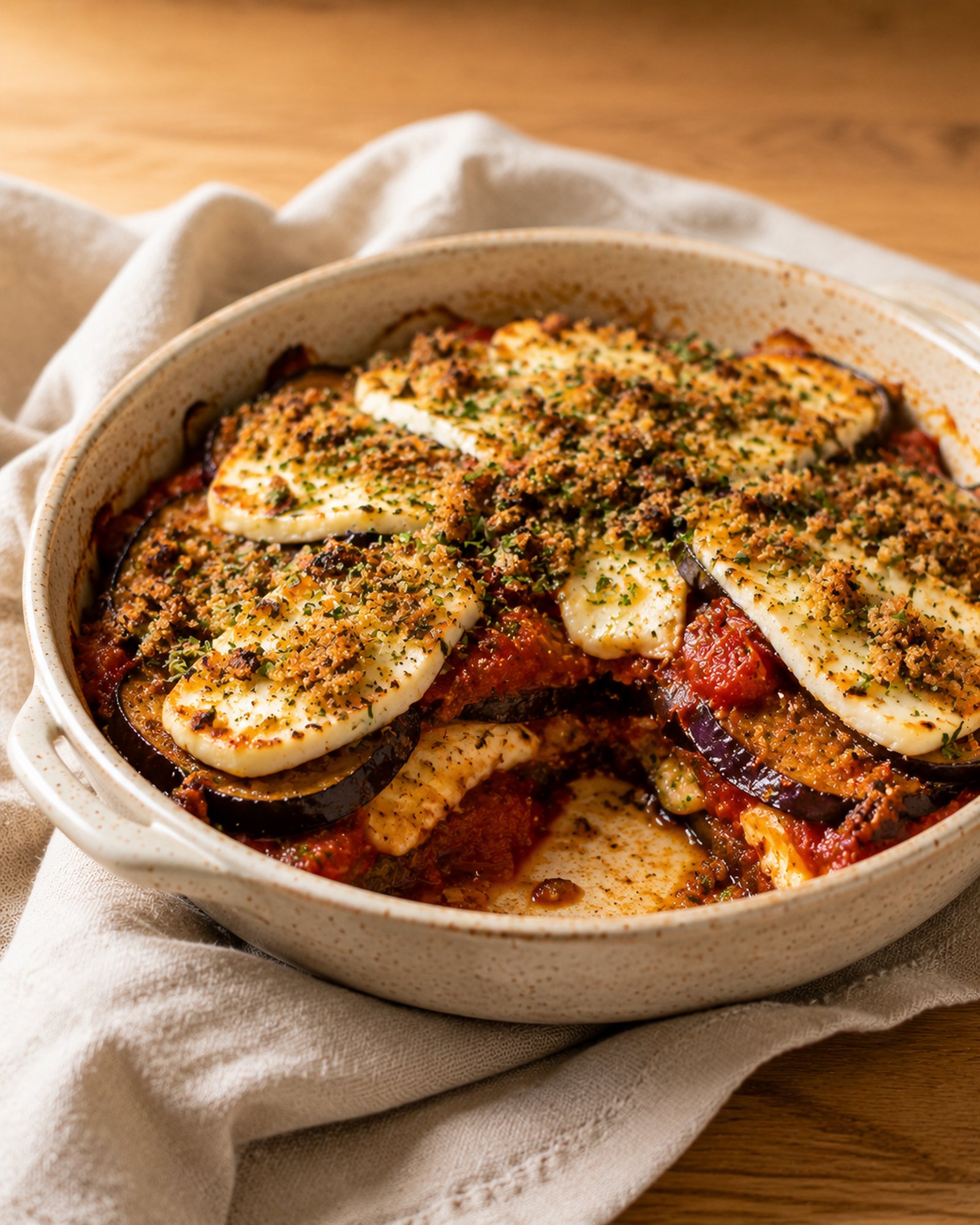 Baked Aubergine with Tomato, Halloumi & Oregano Crumbs