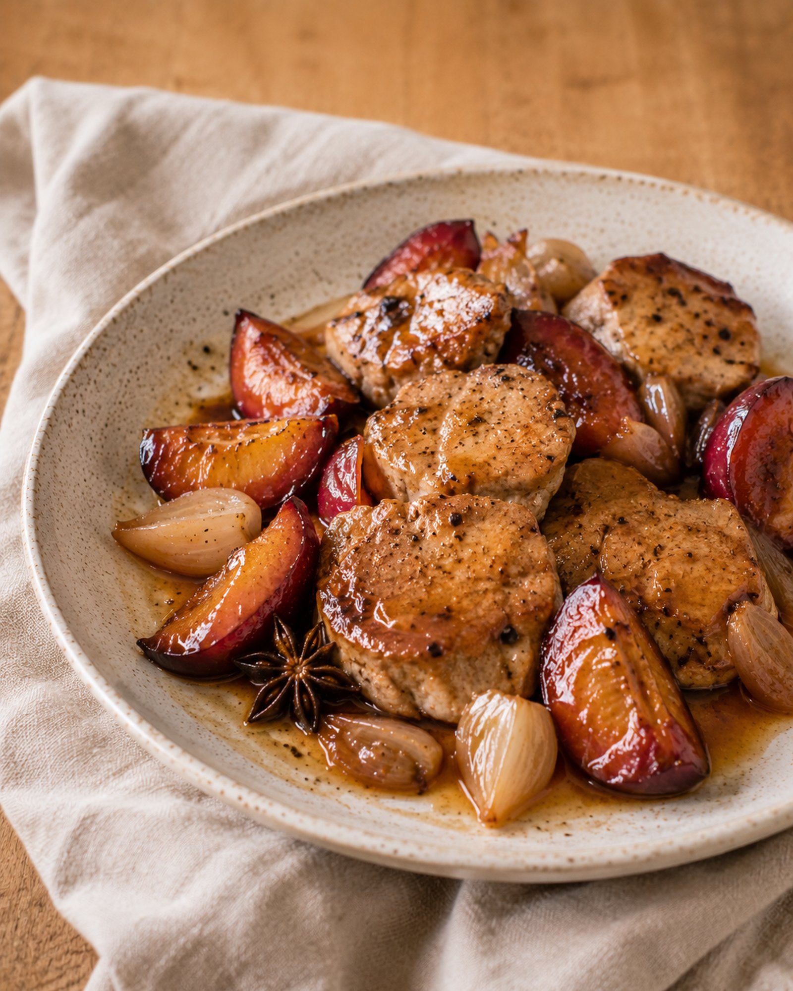 Pork with Roasted Plum, Star Anise & Ginger Glaze