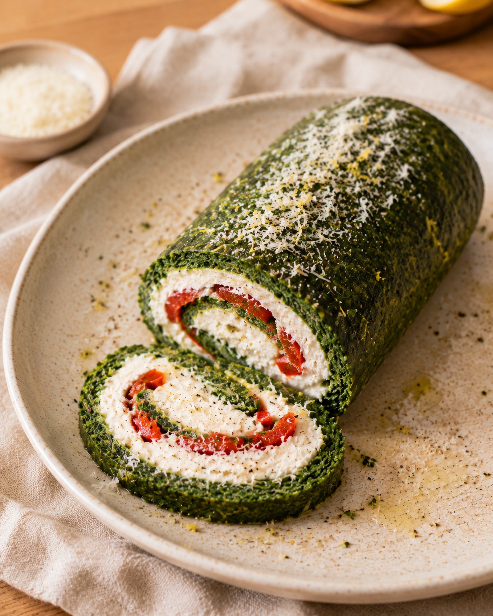 Spinach, Ricotta & Roasted Pepper Roulade