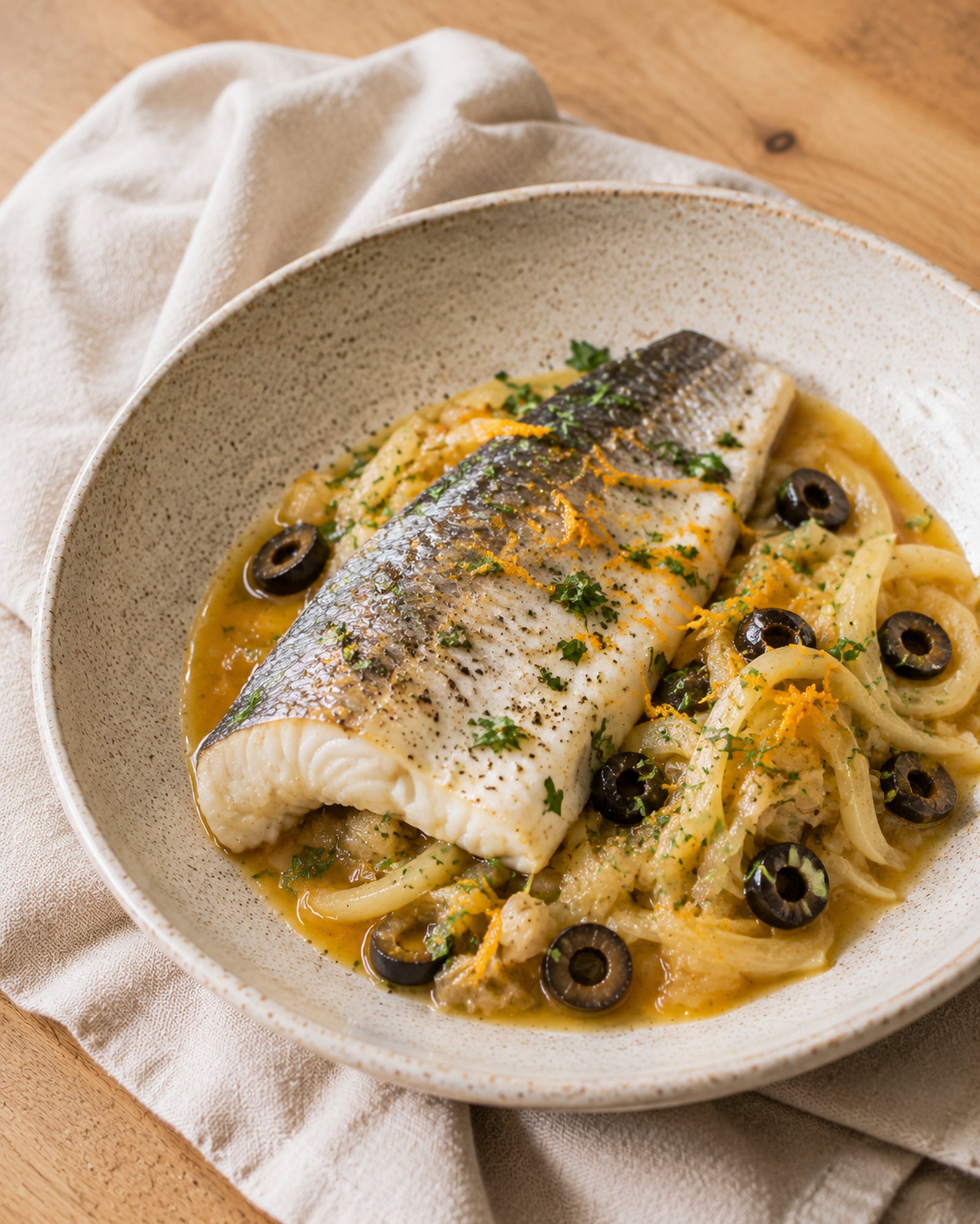 Sea Bass with Fennel, Orange & Olive Sauce