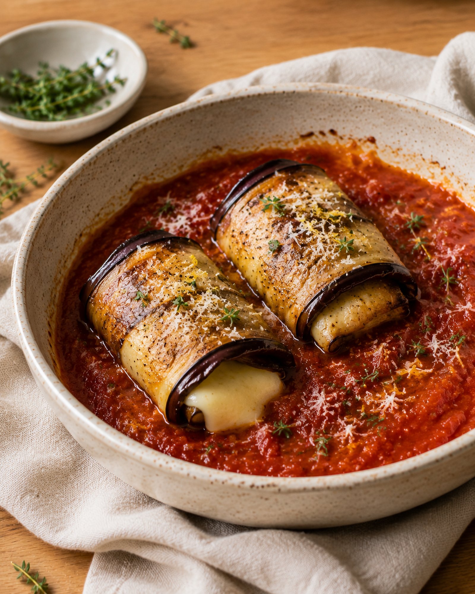 Aubergine Parcels with Taleggio, Lemon Zest & Thyme