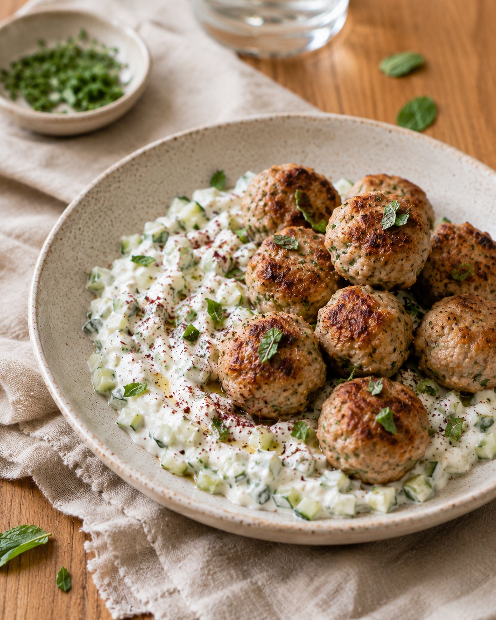 Turkey Meatballs with Sumac Yogurt, Cucumber & Mint