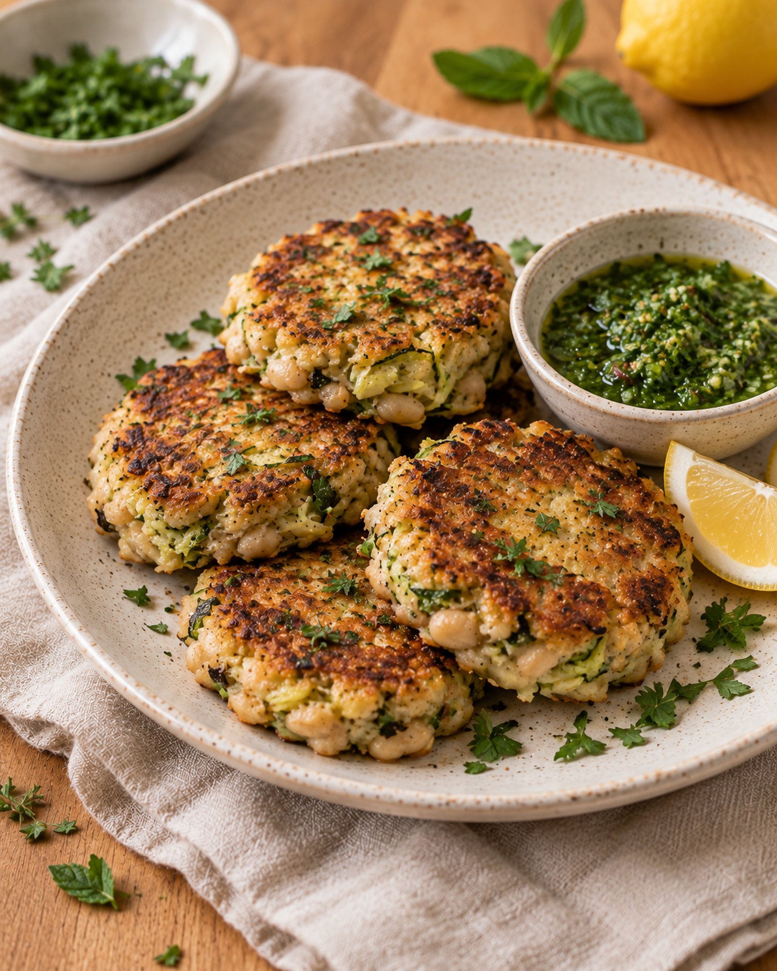 Courgette & White Bean Cakes with Herb Sauce