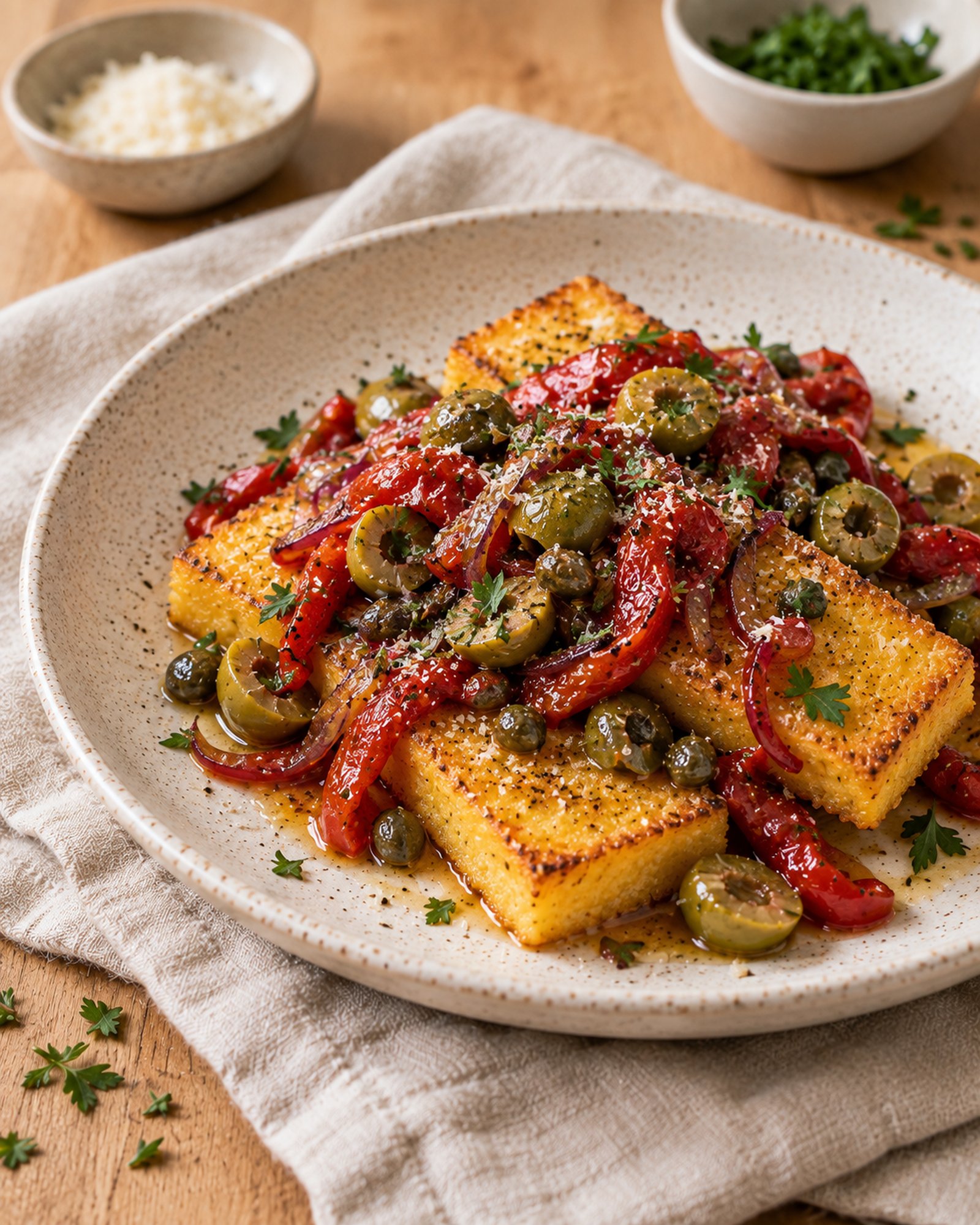 Saffron Polenta Slabs with Roasted Pepper, Olive & Caper Agrodolce