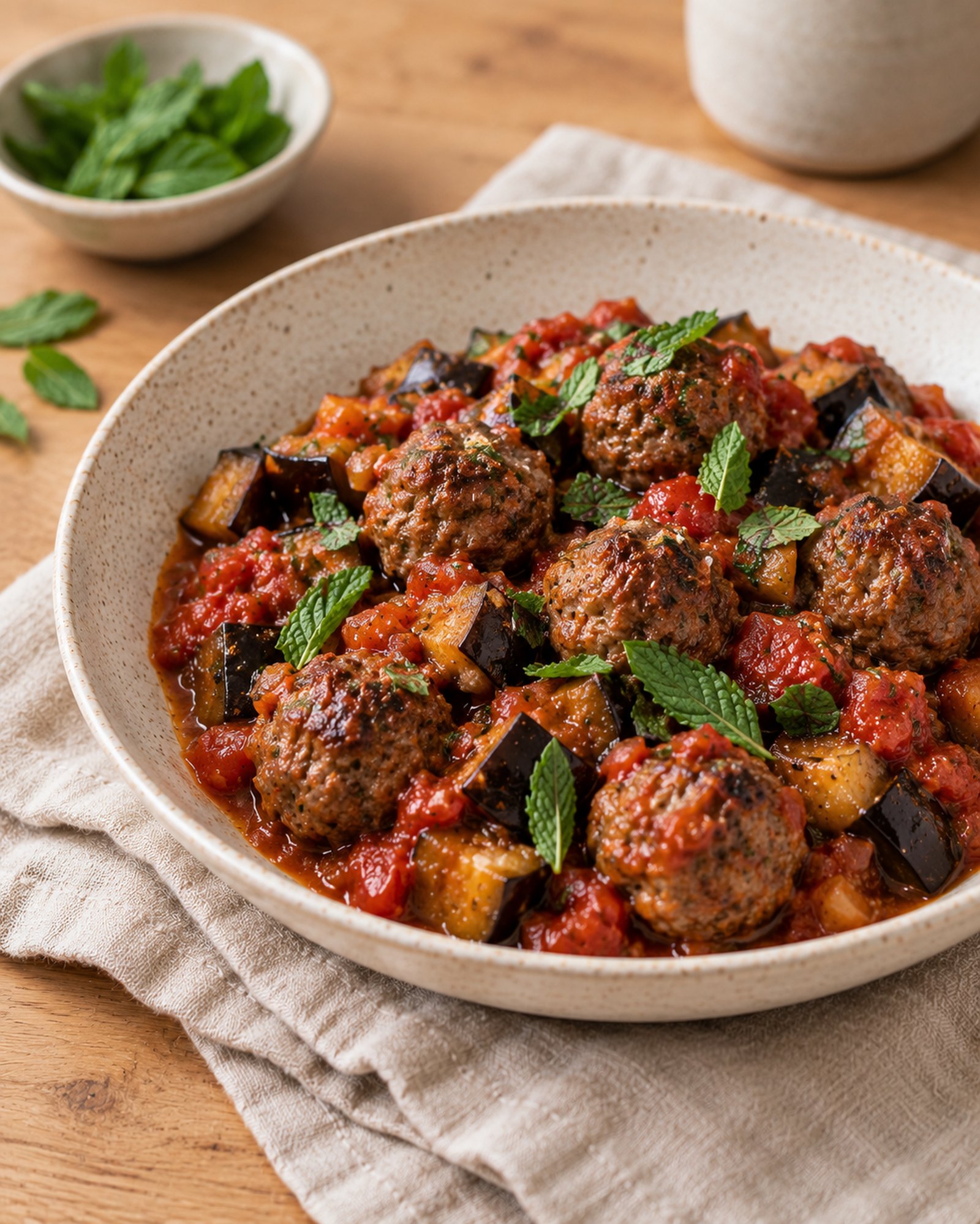 Beef Meatballs with Aubergine, Mint & Tomato