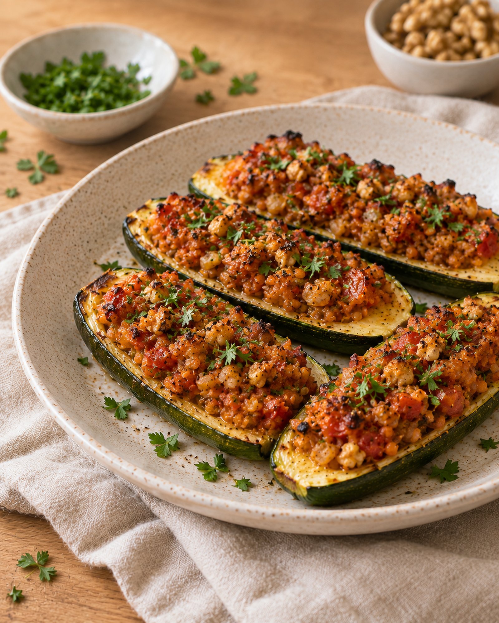 Red Lentil & Walnut Stuffed Courgettes