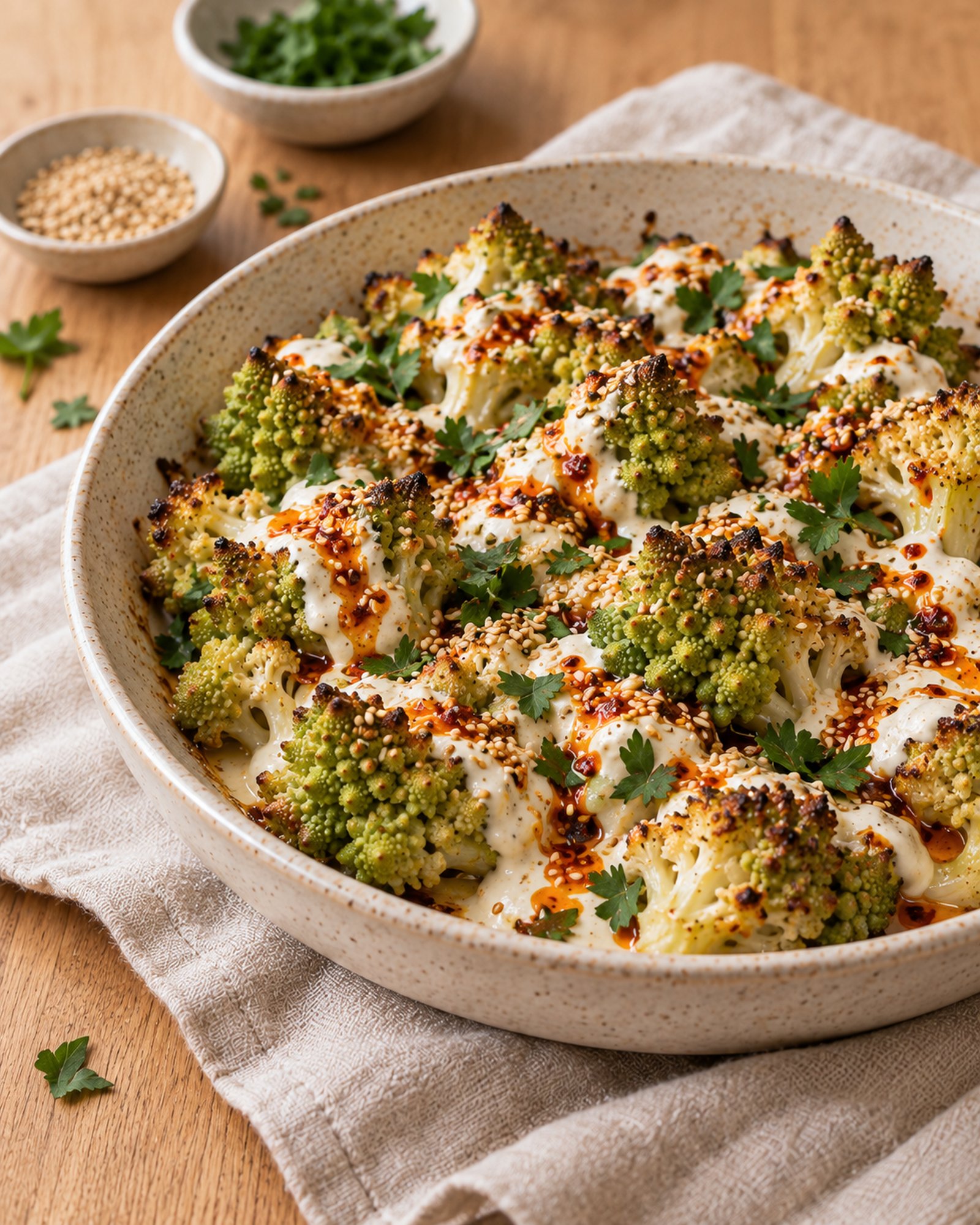 Romanesco Bake with Tahini–Yogurt Sauce, Sesame & Chilli Oil