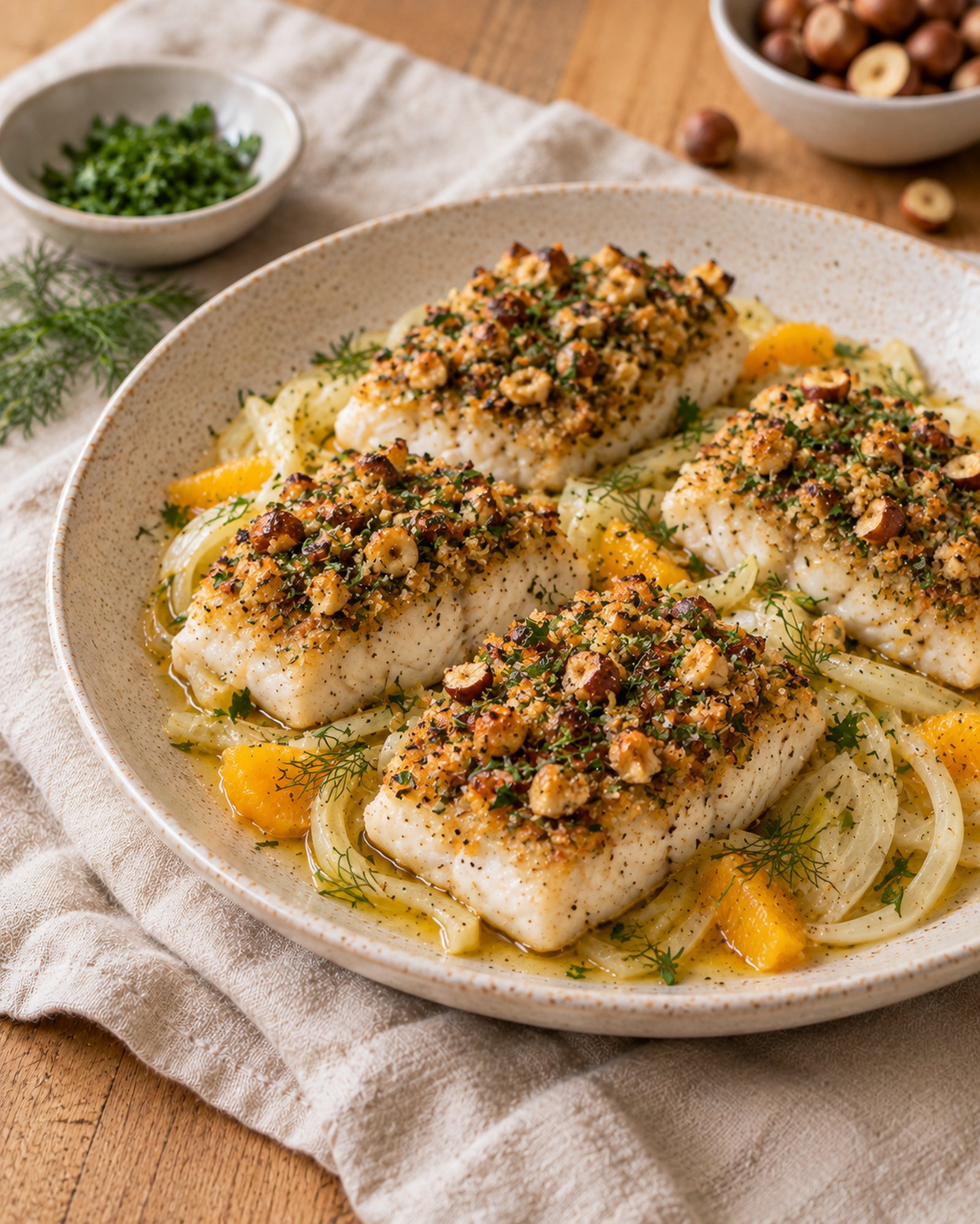 Hake with Hazelnut–Herb Crust & Warm Fennel–Orange Vinaigrette