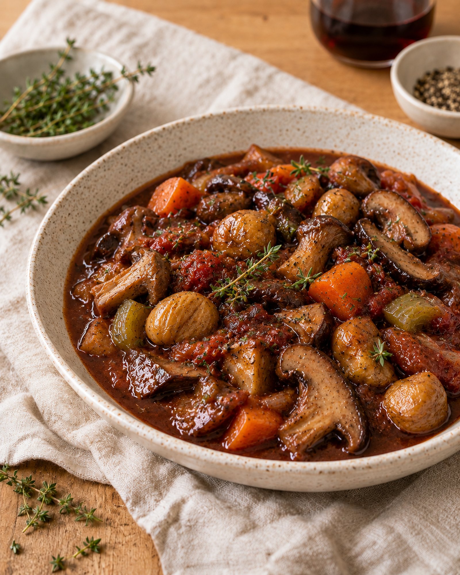 Mushroom, Chestnut & Red Wine Stew