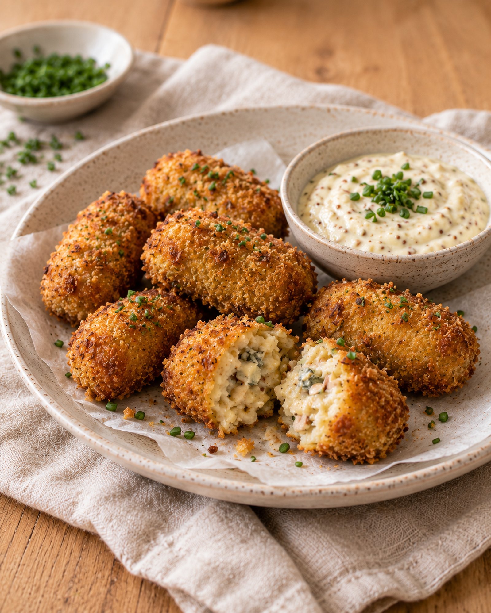 Parsnip, Blue Cheese & Hazelnut Croquettes with Apple–Mustard Dip