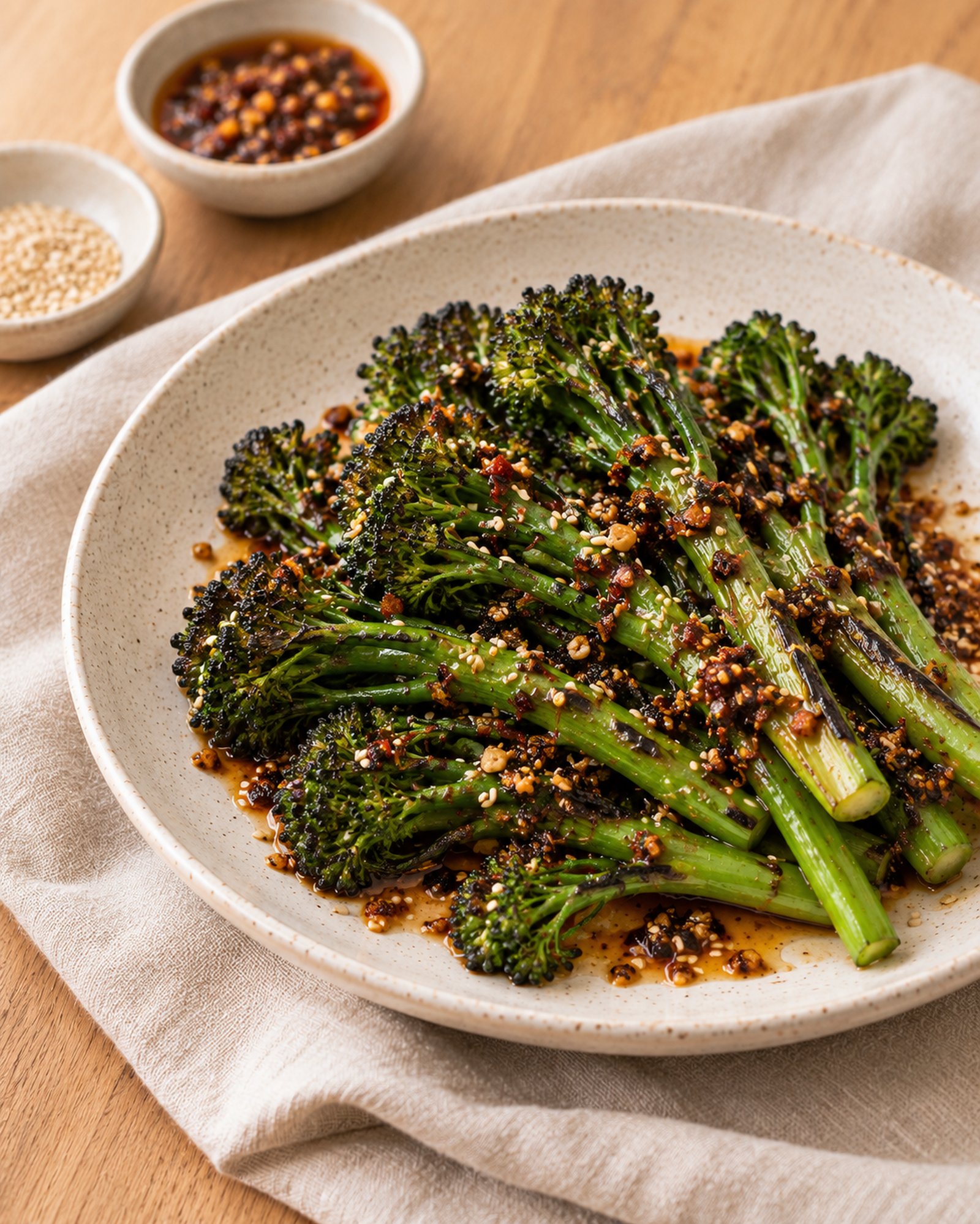 Charred Broccolini with Chilli Crisp, Sesame & Black Vinegar