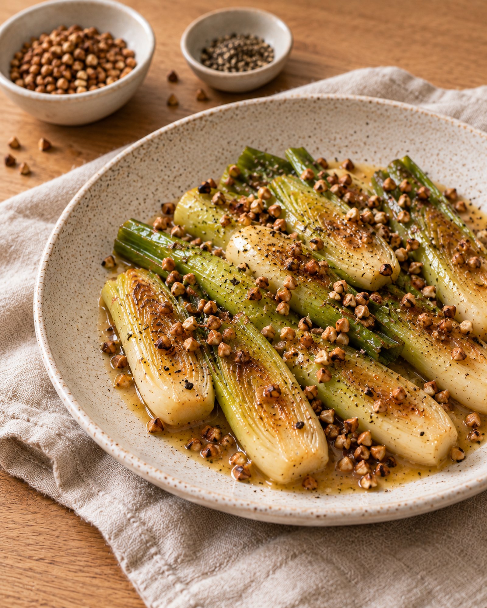 Braised Baby Leeks with Miso Butter & Toasted Buckwheat