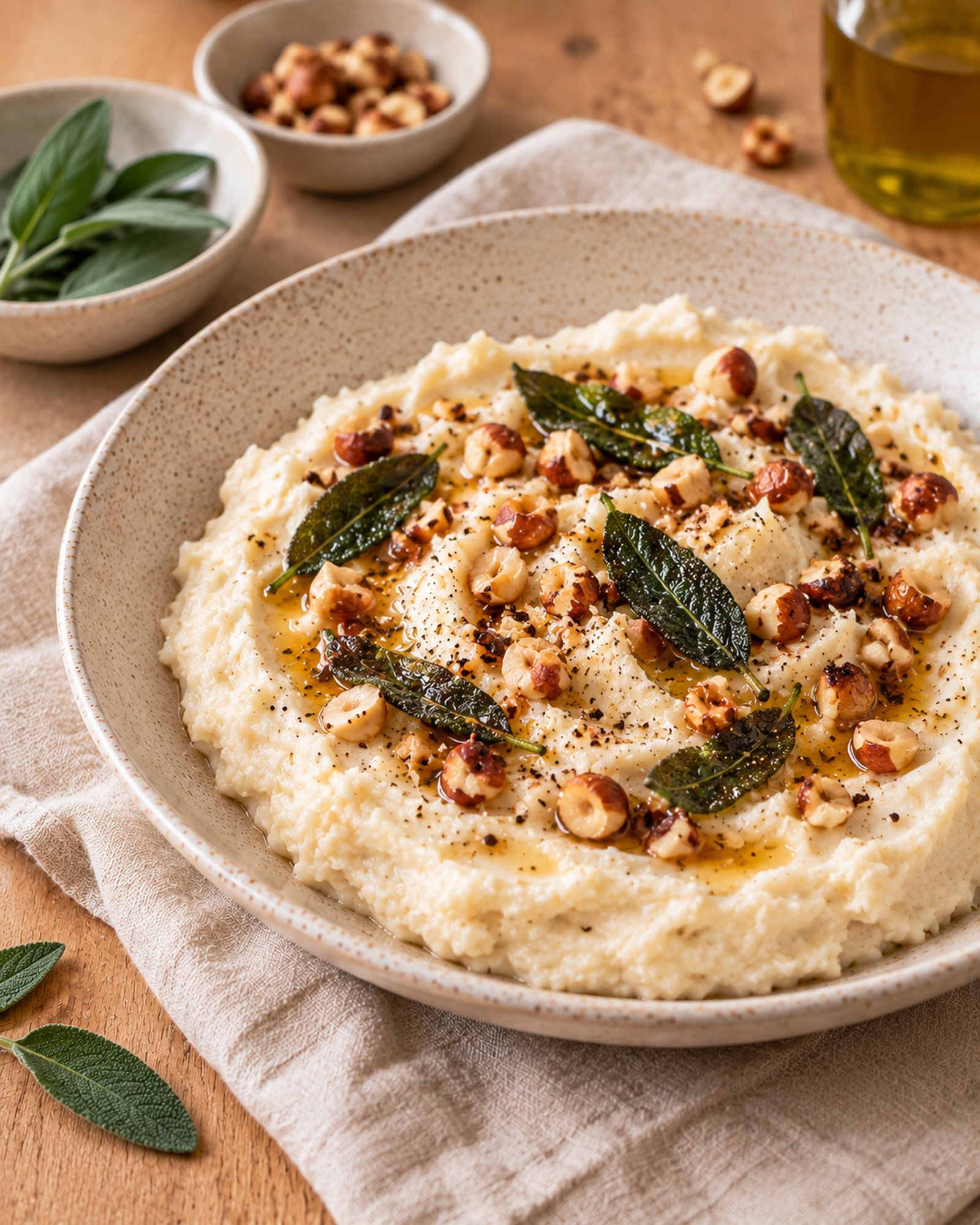 Celeriac & Roasted Garlic Mash with Sage Oil & Toasted Hazelnuts