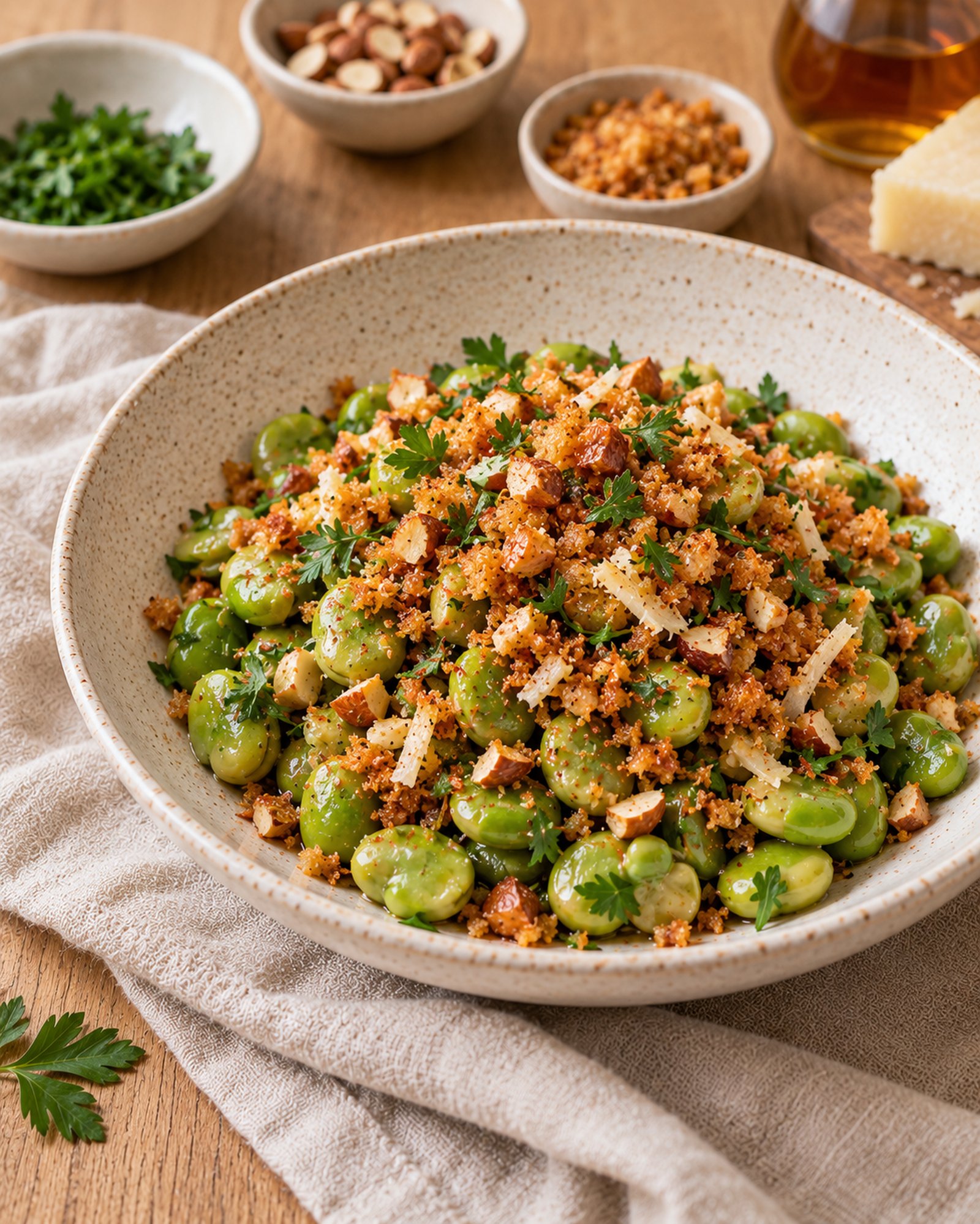 Broad Beans with Smoked Paprika, Almond & Manchego Crumb with Sherry Vinegar