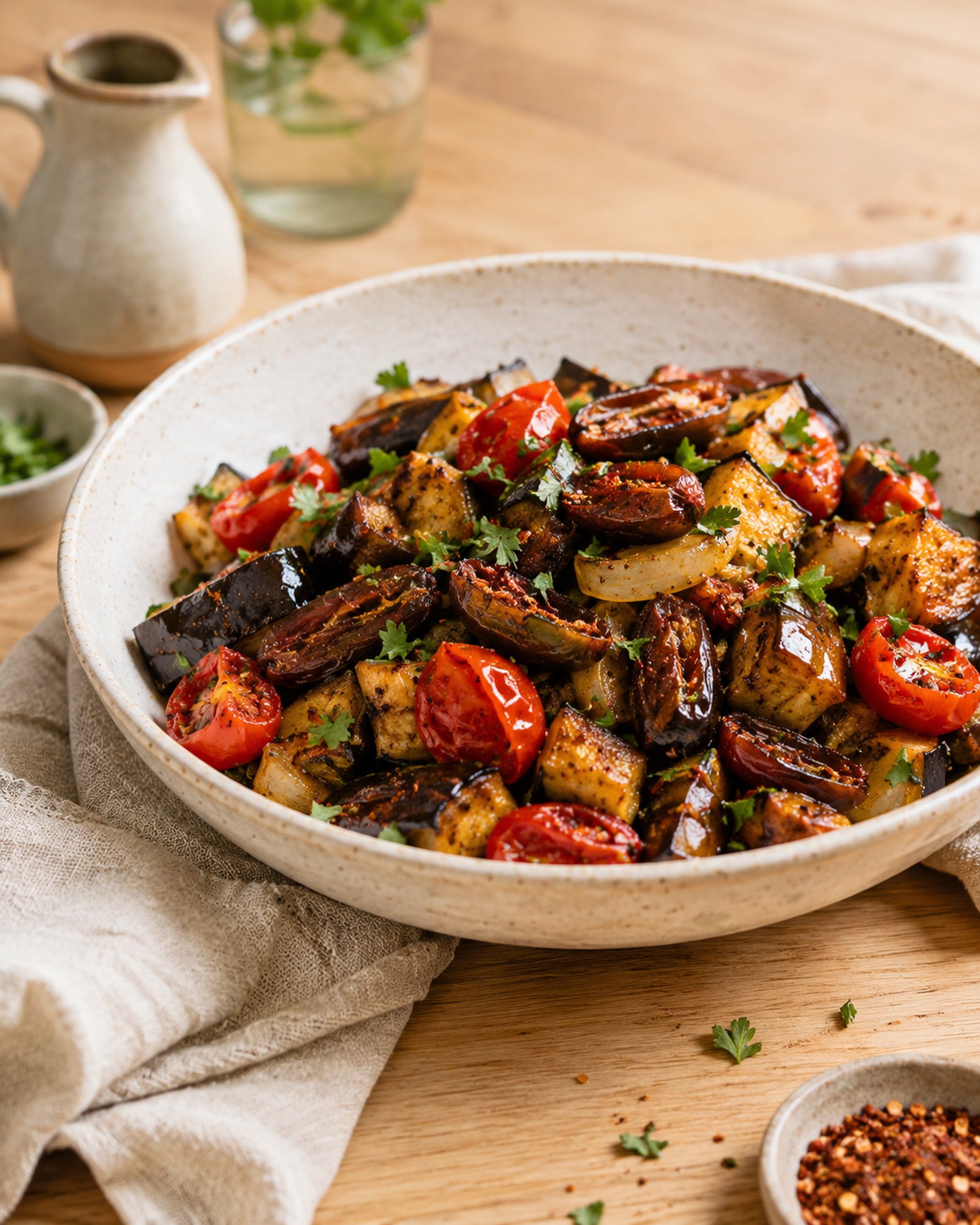 Warm Aubergine, Tomato & Date Salad