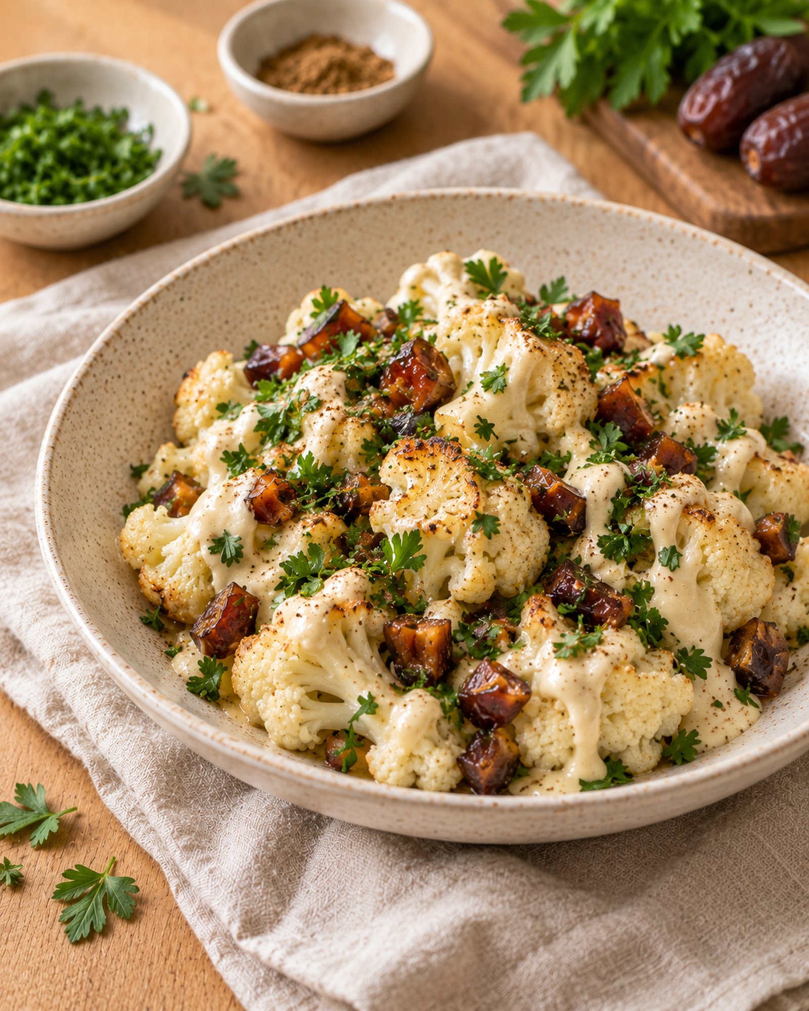 Cauliflower with Tahini, Date & Parsley