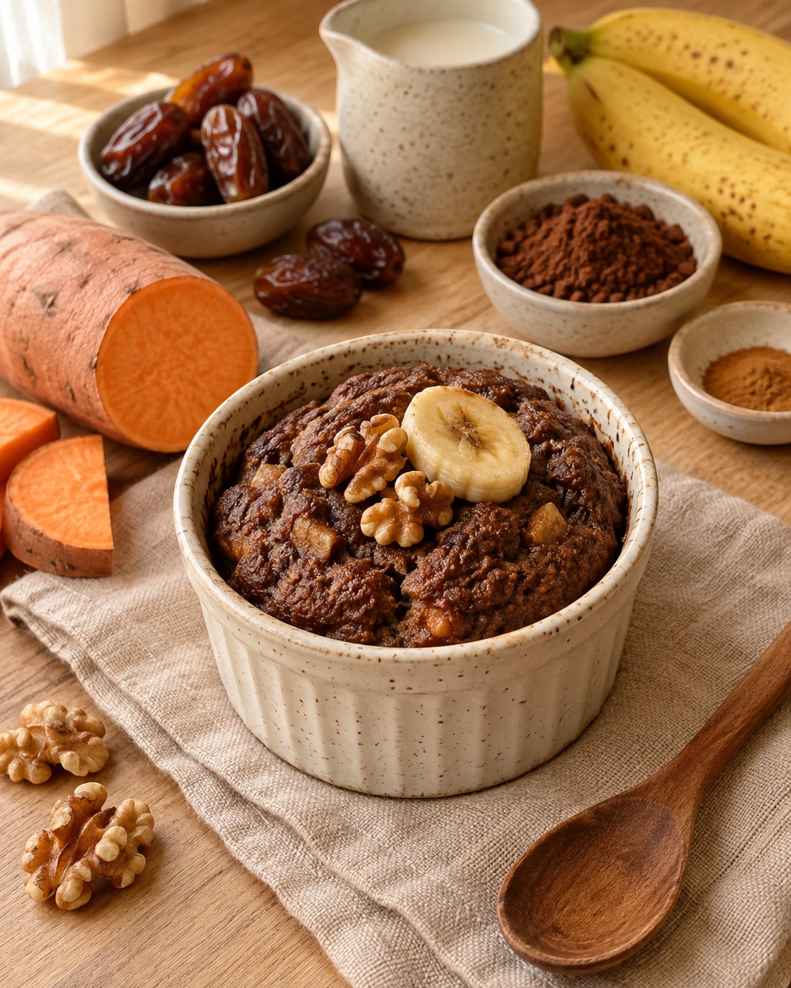 Sweet Potato, Date, Banana & Walnut Pudding