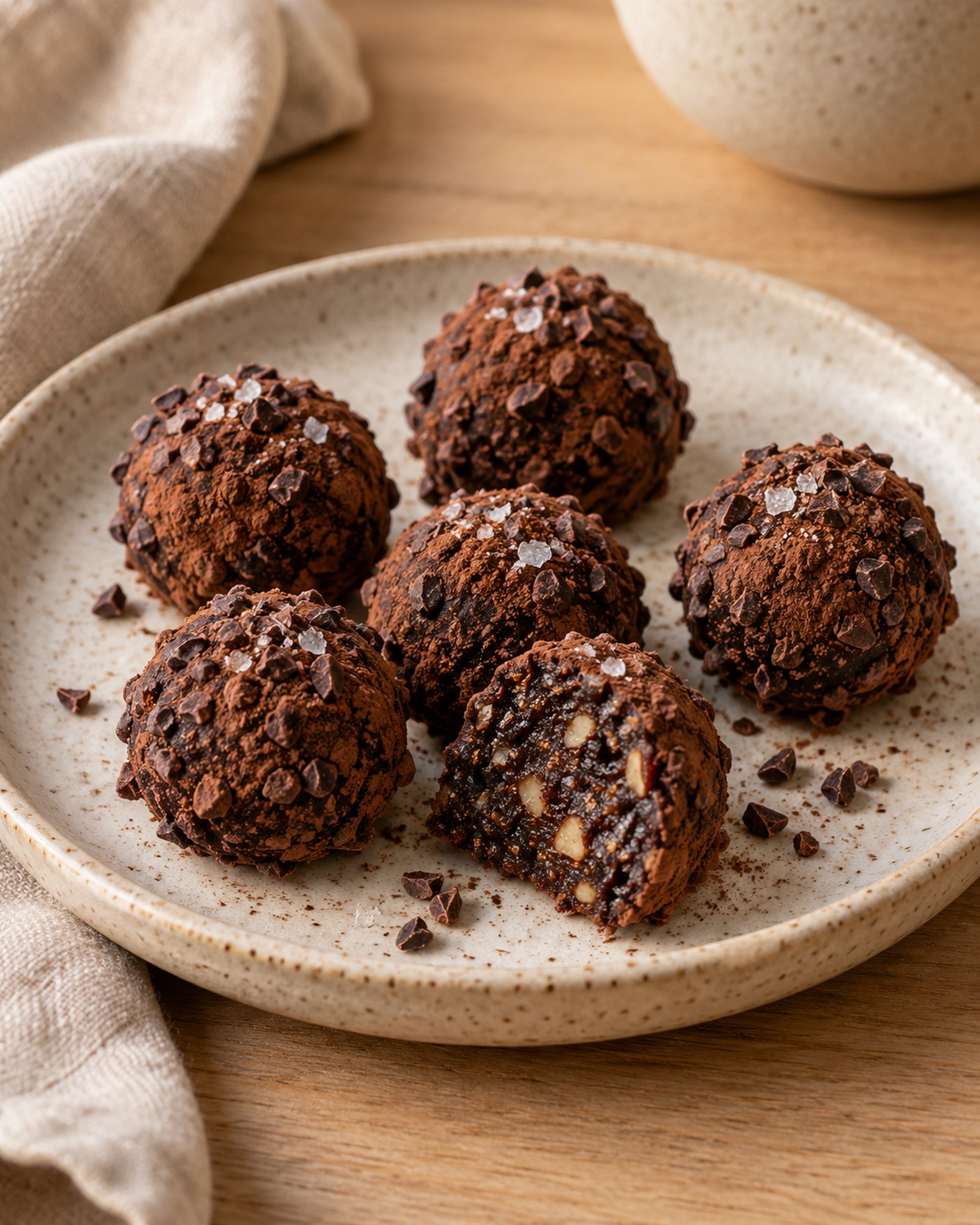 Espresso, Prune & Cocoa Nib Truffles with Smoked Salt